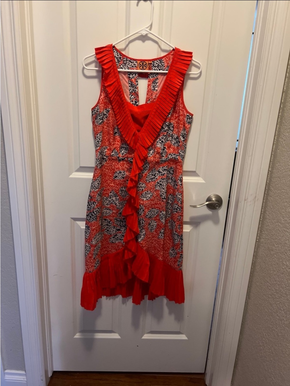 Tory Burch Red Floral Ruffle V-Neck Dress